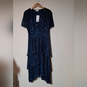 Ember Womens Tiered Ruffle Mididress Flutter Sleeve Stretch Waistband V-neck L.